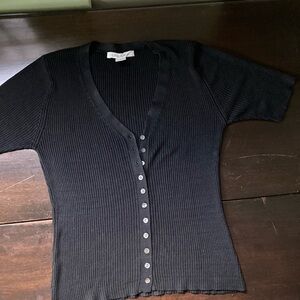 100% Silk Ribbed Button-Up short sleeve Top with Mother of Pearl Buttons